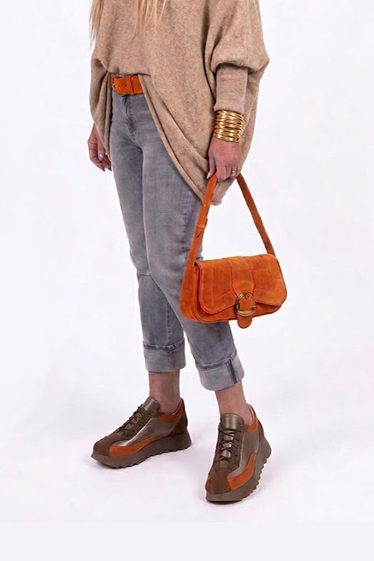 Dress sneakers in chocolate brown, antique gold and terracotta orange leather with thick rubber soles and round toe - Worn view